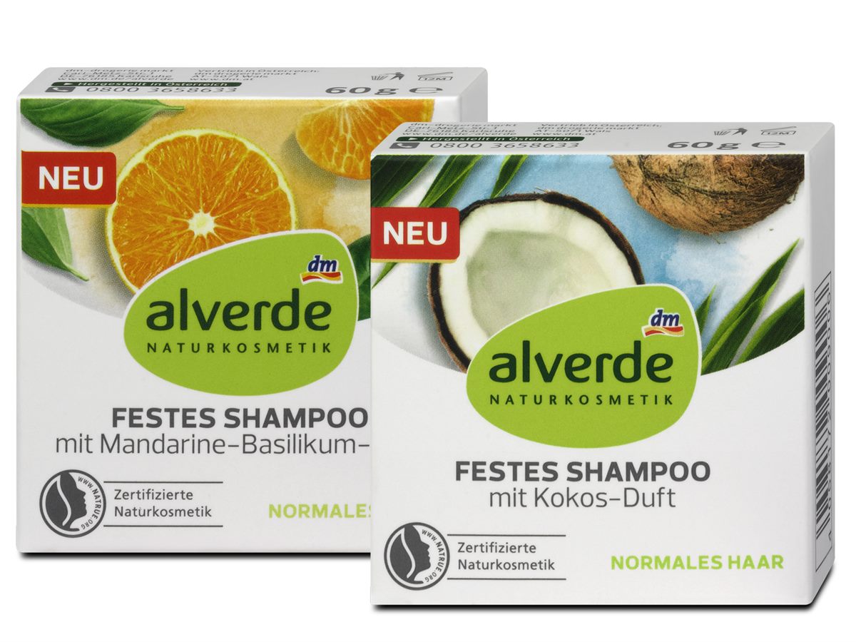 Festes Shampoo von alverde NATURKOSMETIK in zwei Duftrichtungen.