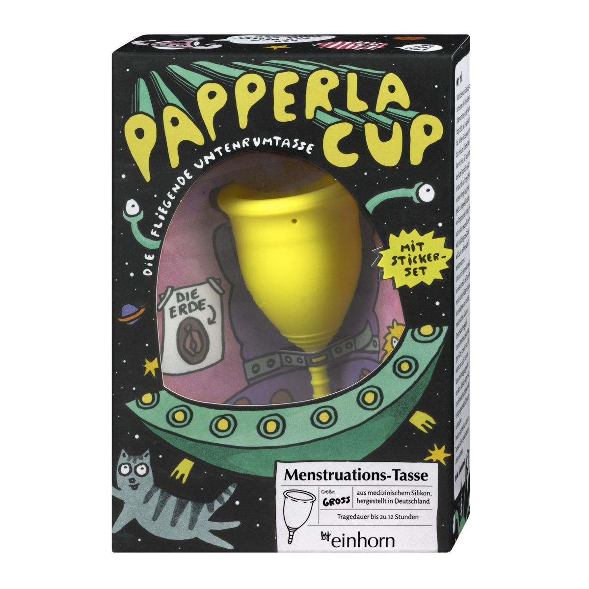 Die Papperlacup Menstruationstasse wird aus medizinischem Silikon in Deutschland in zwei Größen (17 ml und 26 ml) hergestellt.