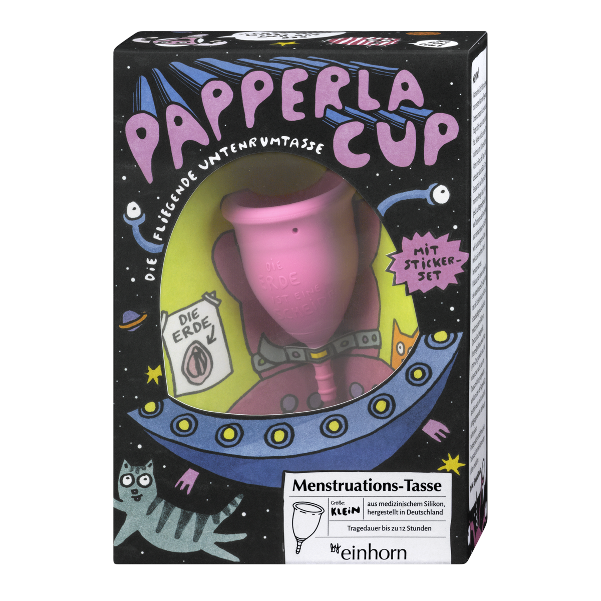 Die Papperlacup Menstruationstasse wird aus medizinischem Silikon in Deutschland in zwei Größen (17 ml und 26 ml) hergestellt.