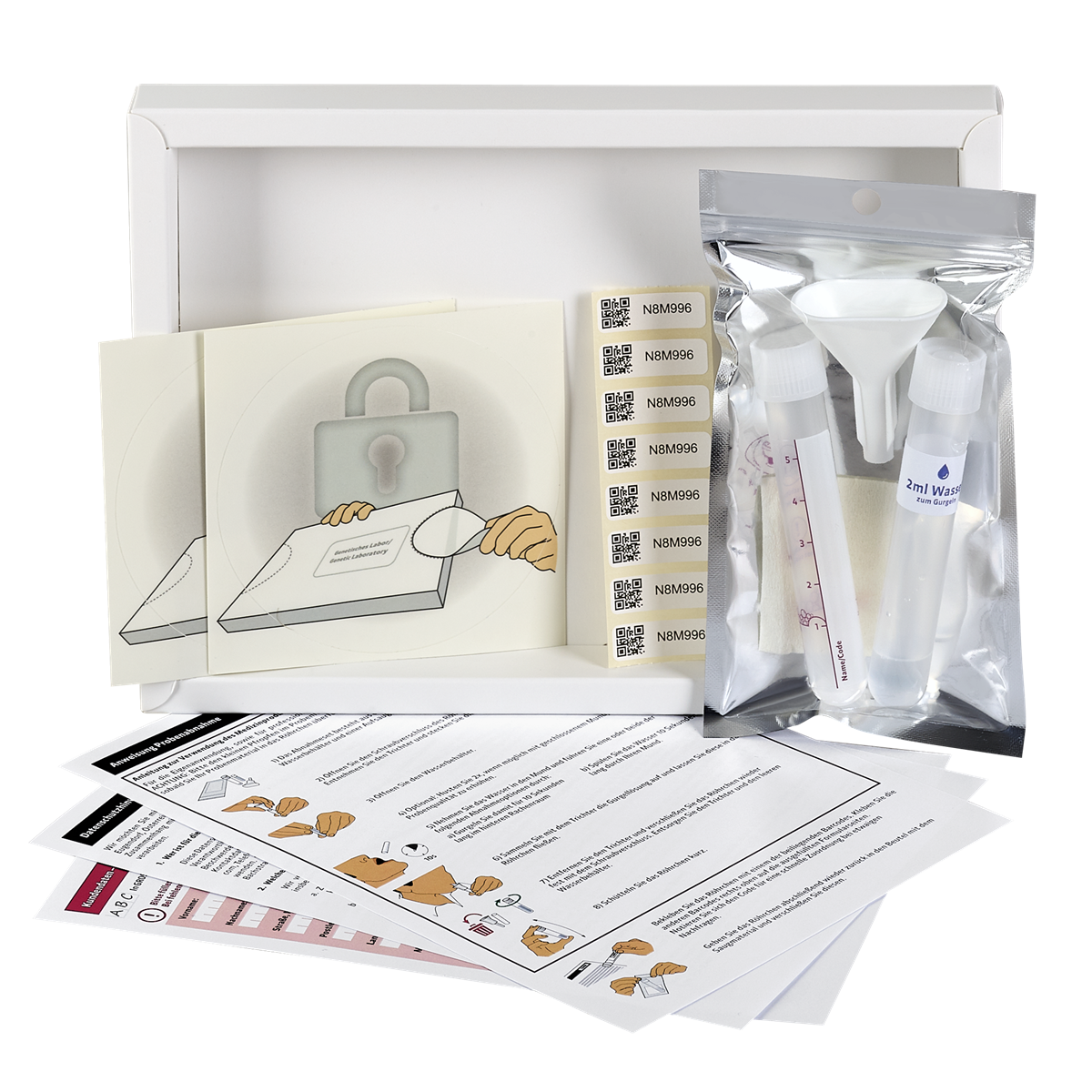 Inhalt des im dm Online Shop erhältlichen Coronavirus-Test-Sets der Novogenia GmbH.