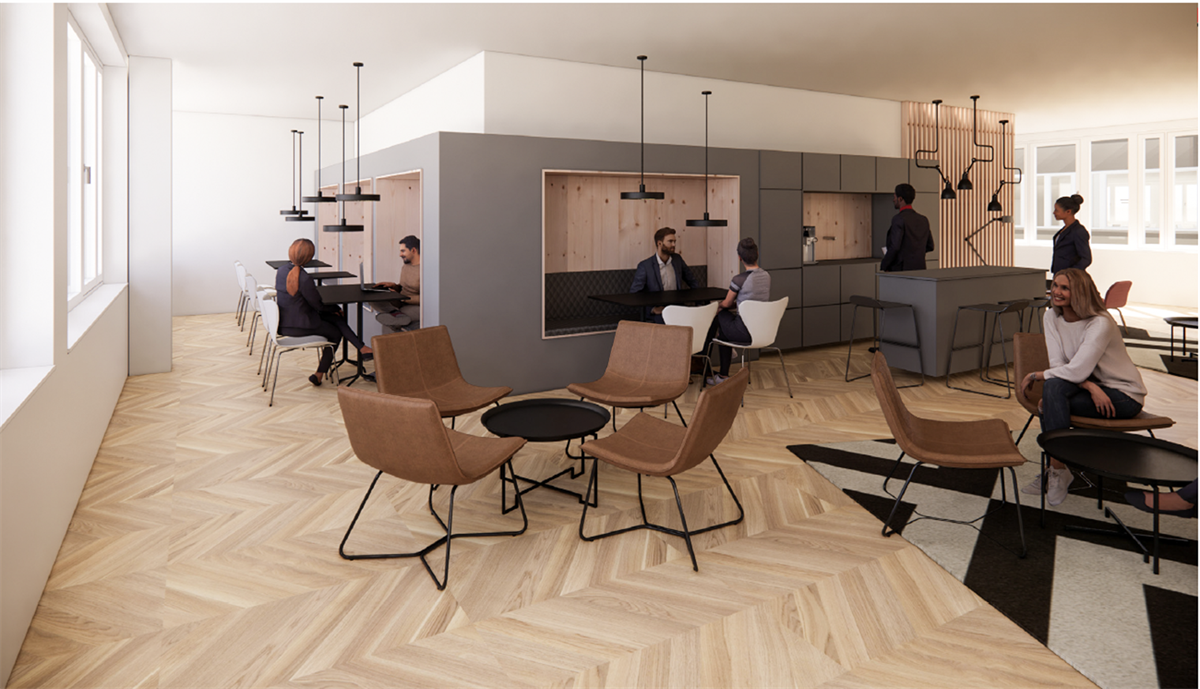 Visualisierung der neuen dm Zentrale (Lounge)