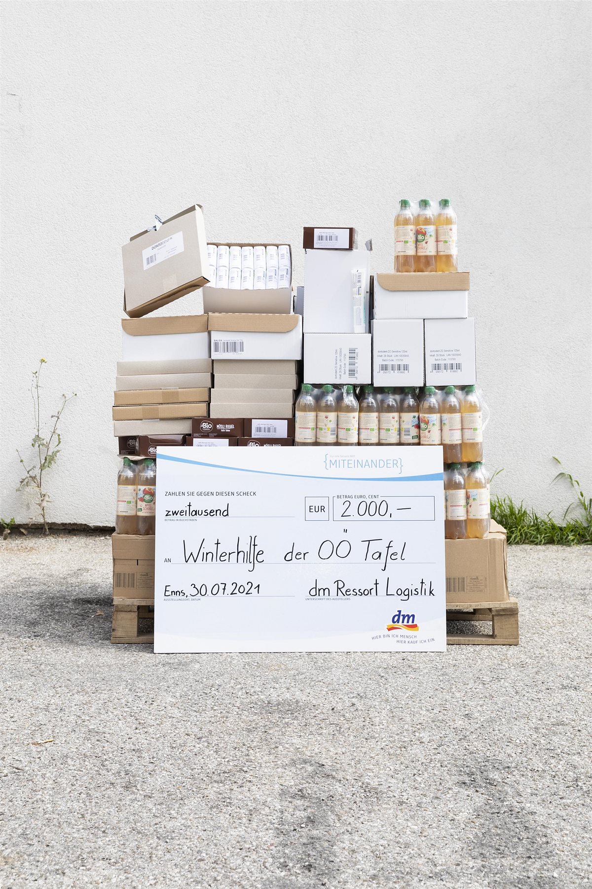 dm Produkte und Scheck für die OÖ Tafel